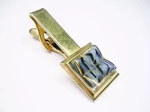 VINTAGE TIE CLIP ART GLASS TIE BAR CROCODILE CLASP FORMAL WEAR TIE ACCESSORY - Picture 1 of 3