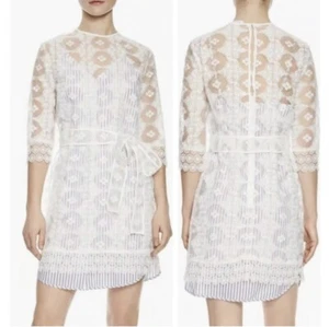 SANDRO Dress Size 40 White Lace With Blue Striped Slip Sheer - Picture 1 of 11