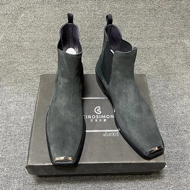 Мужские из натуральной кожи ботильоны замши высоты верхнего Chelsea загрузки металлический квадратный носок туфли - Изображение 1 из 4