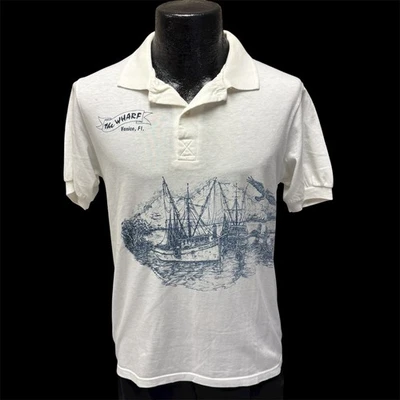 Vtg Stedman The WHARF Venice Fl SHIP Fishing Boat Front Back Polo 50/50 T Shirt - Image 1 of 4