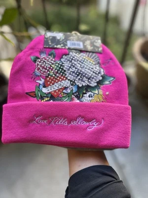 NWT Ed Hardy 2 Pack Beanie Hats Tiger & Love Kills Slowly Pink Gray Tattoo - Image 1 of 4