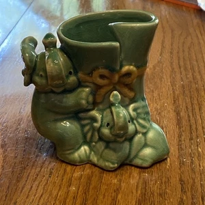 Vintage grüne Keramik 2 Elefanten Vase/Übertopf. Trunks Up - Bild 1 von 7