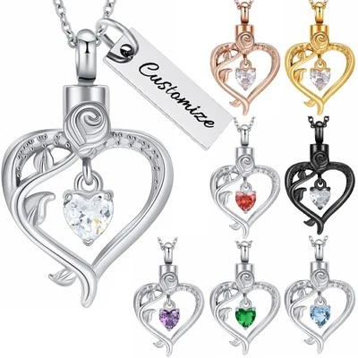 Collar de memoria colgante urna corazón flor rosa para cremación cenizas joyería Foto 1 de 2
