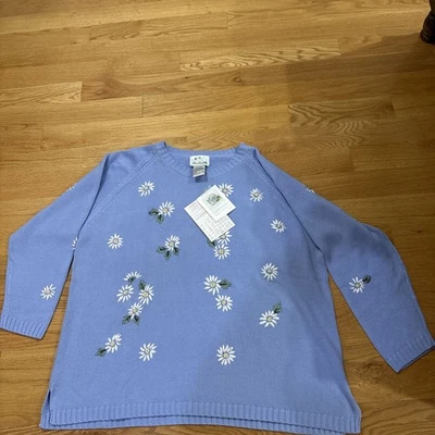 VTG. THE QUACKER FACTORY KNITS QVC BLUE FLORAL BEADED DAISY CREW SWEATER 2X NWT - Image 1 of 4