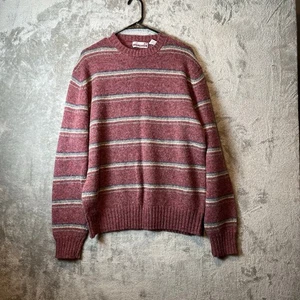 Vintage 100% Wool Striped Crewneck Sweater Red Gray Cozy Knit Chunky Grandpa XL - Picture 1 of 6