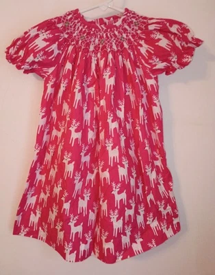 Vive La Fete Sz. 18 Mos Smocked Bishop Dress Pink Reindeer Christmas - Image 1 of 4