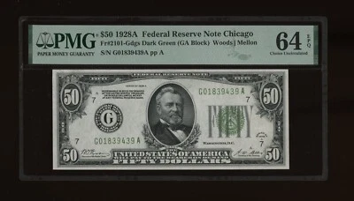 DBR 1928-A $50 DGS FRN Chicago Fr. 2101-Gdgs PMG 64 EPQ Serial G01839439A - Image 1 of 2
