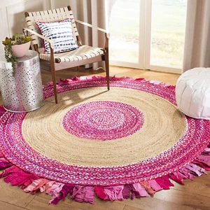 Pink Cotton Chindi Decorative Rag Rug 2x2 ft Small Rug Round Chindi Jute Rug - Picture 1 of 4