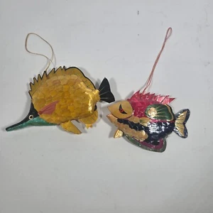 Papier Paper Mache Tropical Fish Ornaments Gold Pink Green - Picture 1 of 10