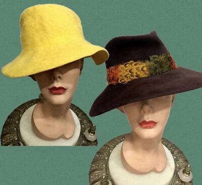 LOT-2) Vtg 1960s WIDE BRIM FEDORA HATS *Brown w/Grouse Feathers *SUNSHINE YELLOW - Image 1 of 4