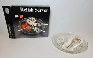 LEONARD SILVER MFG. Crystal Divided Relish Server with 3 Silverplated forks Box - Picture 1 of 4