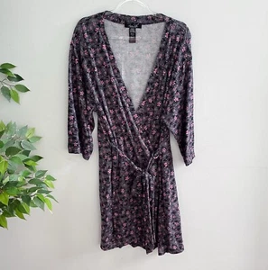 Rene Rofe Womens Size XL Dressing Gown Robe Grey Pink Floral Belted - Picture 1 of 7