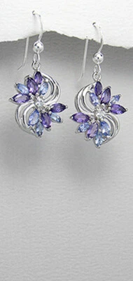 Solid Sterling Silver Natural Tanzanite & Amethyst Dangle Earrings 1.3" Long - Image 1 of 2