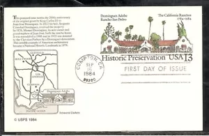 US SC # UX104 Rancho San Pedro FDC. Aristocrat Cachet - Picture 1 of 1