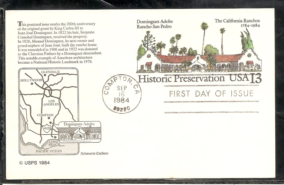 US SC # UX104 Rancho San Pedro FDC. Aristocrat Cachet - Image 1 of 1