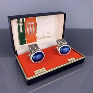 Blue Cabochon Rhodium Plated Cufflinks Chain Wrap Mid Century Foster Vintage NOS - Picture 1 of 8