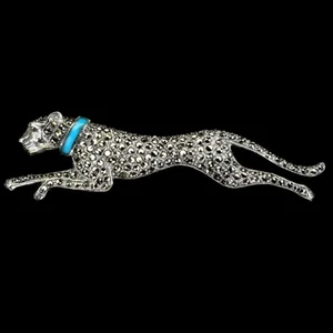 Stabilized Blue Turquoise 12x3mm Marcasite 925 Sterling Silver Tiger Brooch - Picture 1 of 10