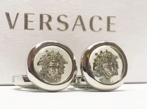 Authentic Gianni Versace Vintage Cufflinks Metal Medusa Silver Clear - Picture 1 of 9