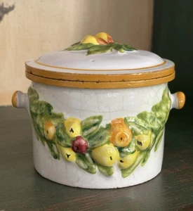 Vtg Della Robbia Majolica Pottery Covered Jar & Lid Hand Painted Fruit Jam Jelly - Picture 1 of 5