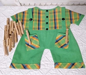Vintage Handmade Boys Overalls Clothes Pin Bag Holder Laundry Line+ 15 Wood Pins - Picture 1 of 10