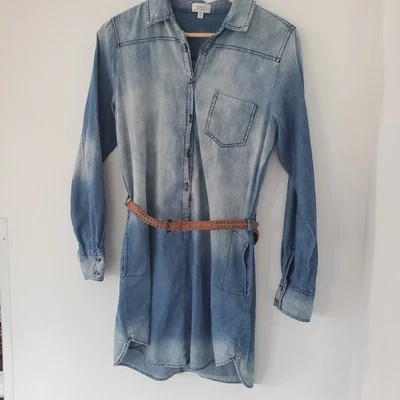 NOBLE U Chambray Blue Shirt Dress Sz L Leather Stud Belt LS Country Cowgirl - Image 1 of 4
