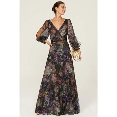 Vestido de cóctel Marchesa Notte metálico estampado floral plisado de tul con cuello en V talla 8 Foto 1 de 4