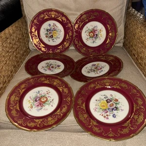 ANTIQUE SET OF 6 ROYAL DOULTON MAROON GOLD ENCRUSTED PLATES W/ SCALLOPED EDGE - Picture 1 of 21