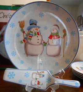 Snowmen Cake Plate Server (12.25") & Spatula My Christmas Stoneware White Blue ! - Picture 1 of 14