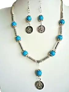 2 er SchmuckSet Taler Türkis Howlith Steinschmuck, Tibet Silber, Folklore NEU - Bild 1 von 1