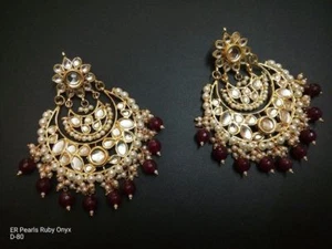 Traditional Ethnic GoldTone Beads Kundan Earrings Party Drop Dangle Chand Bali - Picture 1 of 2