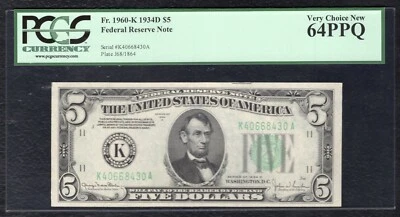 FR. 1960-K 1934-D $5 FRN FEDERAL RESERVE NOTE DALLAS, TX PCGS UNCIRCULATED-64PPQ - Image 1 of 2
