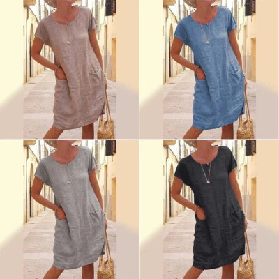 Robe D'été T-Shirt Robe A-Ligne Ample Lin Midi Femmes Coton Robe Pull / - Photo 1/4