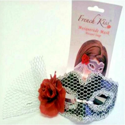 Masquerade Mardi Gras Venetian Mask BlackSilver Mesh Side Rose Party French Kiss - Image 1 of 4