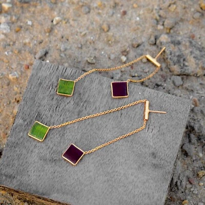 Red Garnet & Green Peridot Gemstone Long Chain Dangle Drop Engagement Earring - Image 1 of 4