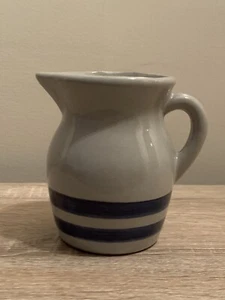 Glazed Beige Cobalt Blue Band Jug Pitcher Stoneware Pottery Handmade - Picture 1 of 7