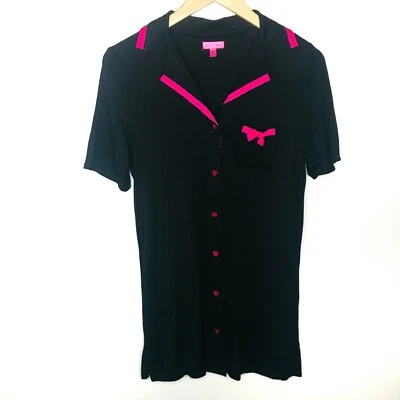NWT Betsy Johnson Notch Collar Sleep Shirt Women's Small Short Sleeve Black Pink - Image 1 of 4