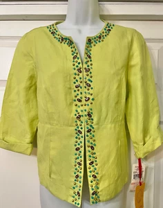 NWT NEW Ruby Rd Lime Green Linen Beaded Blazer Jacket Size 10P 10 Petite - Picture 1 of 4