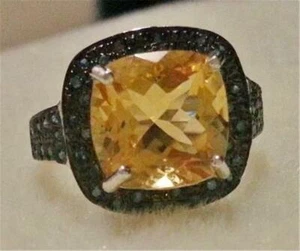 Sterling Silver 4.37 ctw Citrine With Blue Diamonds Solitaire Ring (it149) - Picture 1 of 1