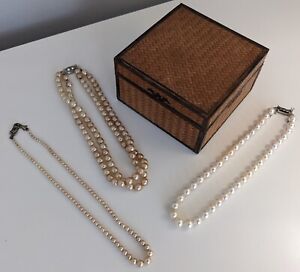 Vintage Wicker Jewellery Box & 3 Pearl Necklaces One With Silver Clasp