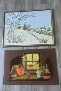 2 Vintage Framed / Unframed Crewel Artwork Fall / Winter Wall Hanging - Picture 1 of 11