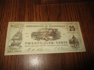 1861 TWENTY FIVE  CENTS CORP. OF BRANCHVILLE SOUTH CAROLINA FRACTIONAL NOTE - Picture 1 of 2