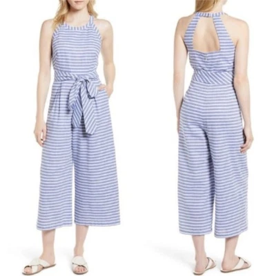 Mono 1901 Azul Blanco Rayas Sin Mangas Corte Trasero Corbata Cintura Pierna Corta Ancha Foto 1 de 4