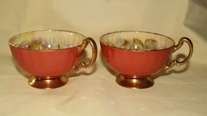 Pair Aynsley Footed Fruit Orchard Terracotta Footed Gilt Tea Cups ONLY - Picture 1 of 6