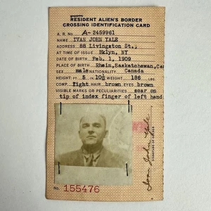 Vintage 1945 Resident Alien’s Border Crossing ID Card New York From Canada - Bild 1 von 2