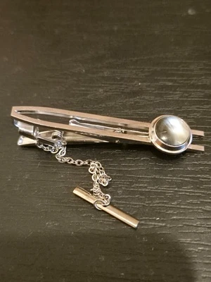 Vintage Silver Metal Tie Bar Clip With Safety Chain - Image 1 of 4