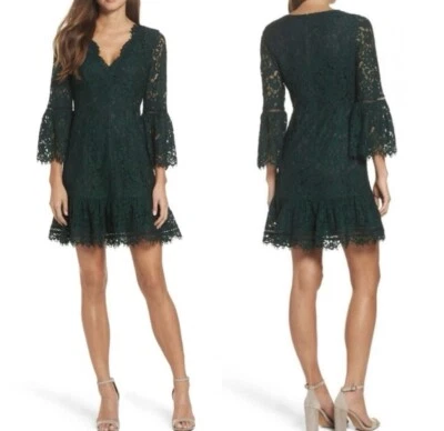 Eliza J Women’s Size 4 V-Neck Bell Sleeve Lace Cocktail Dress in Dark Green - Image 1 of 4