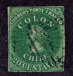 523 CHILE SELLO #12 WMK 1 PRIMERAS EMISIONES CUATRO MÁRGENES COLÓN - Imagen 1 de 1