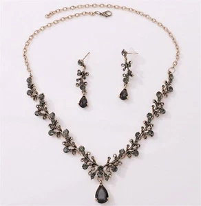Women Glamour Retro Bronze Black Crystal Prom Halloween Necklace Earrings Set - Picture 1 of 9