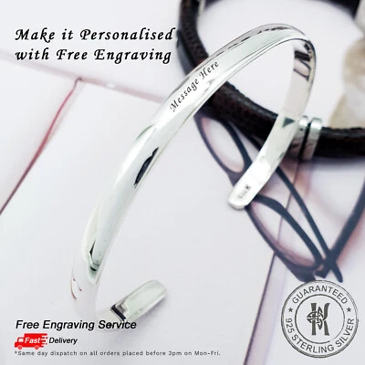 Mens Womens Cuff Bangle Bracelet ✔️Free Engraving ✔️Solid 925 Silver ✔️Quality - Image 1 of 4