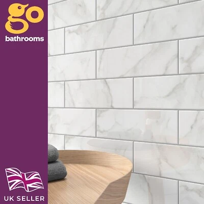 Marble Effect Metro Brick Gloss Wall Floor Porcelain Tile 30x10cm 1 box | Lucia - Image 1 of 4